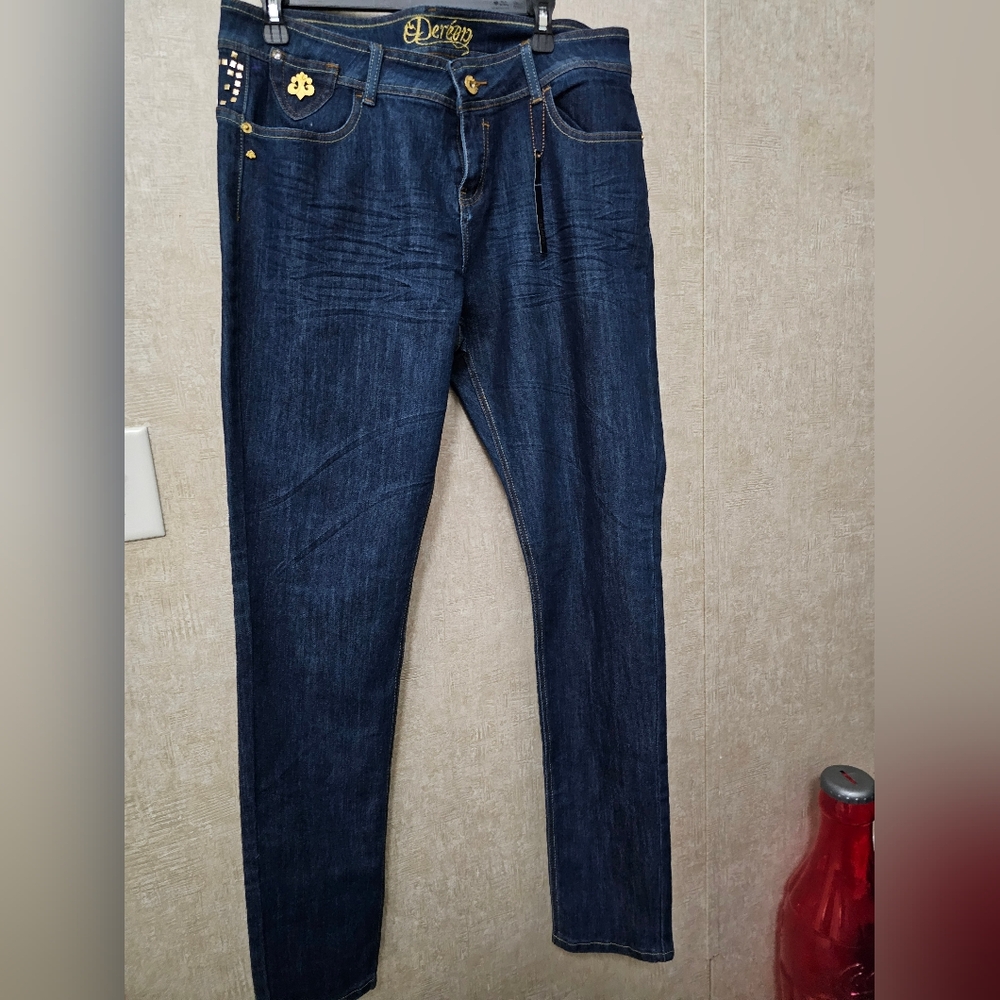 Dereon Dark Blue Boot Cut Jeans with Gold Details Low Rise